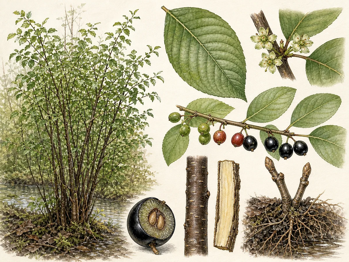 Prancha botânica de Frangula alnus com arbusto de ramos escuros pontuados, folhas ovais de nervuras curvas, pequenas flores claras e frutos em vários estádios de maturação