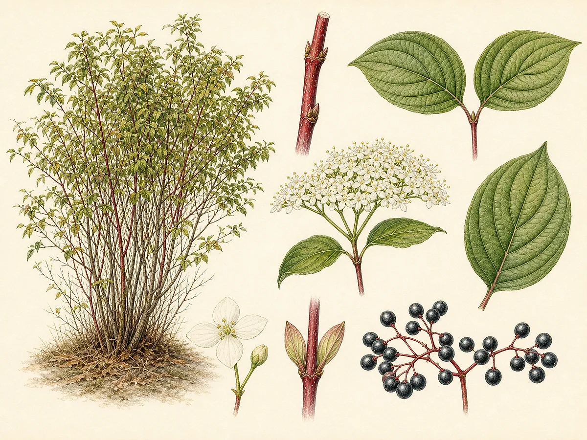 Prancha botânica de Cornus sanguinea subsp. sanguinea com ramos jovens vermelhos, folhas opostas de nervuras arqueadas, corimbos brancos de quatro pétalas e drupas negras