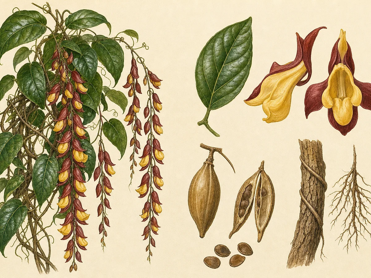 Prancha botânica de Thunbergia mysorensis com liana, folhas elípticas, longos racemos pendentes e flores amarelas de lobos castanho-avermelhados