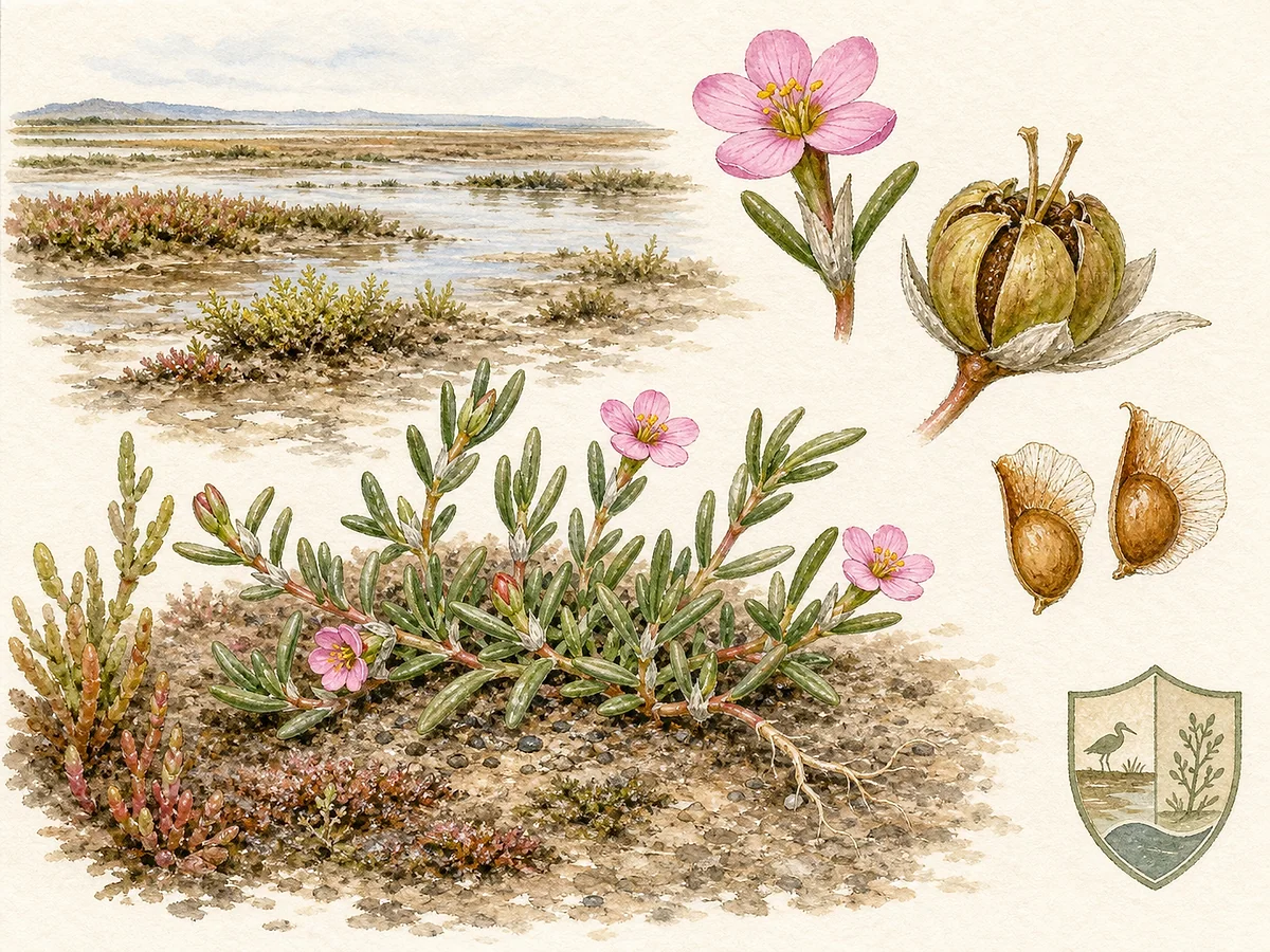 Prancha botânica de Spergularia tangerina com pequena planta prostrada, folhas lineares carnudas, estípulas prateadas, flores rosa, cápsula e sementes aladas ampliadas