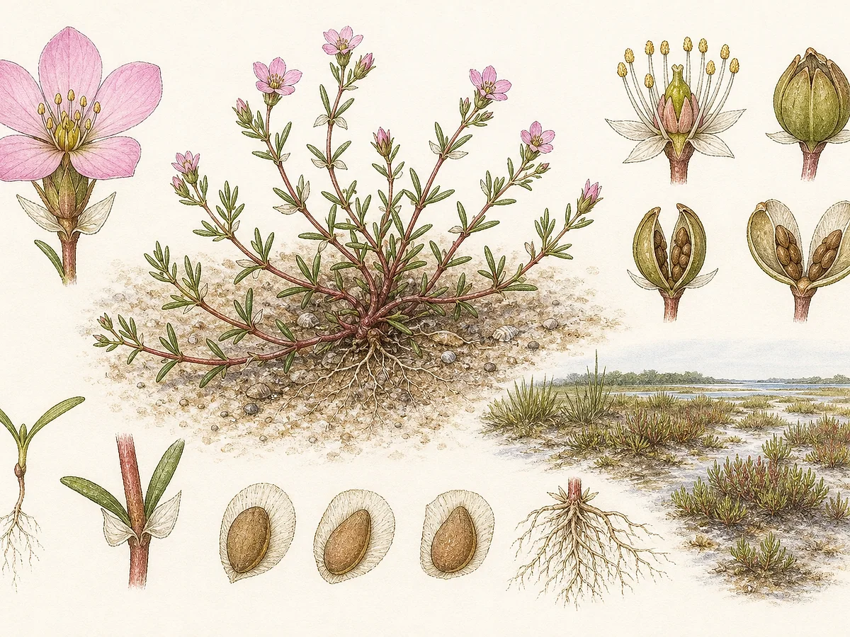 Prancha botânica de Spergularia media com pequena planta prostrada, folhas lineares carnudas, estípulas prateadas, flores rosa de cinco pétalas, cápsulas e sementes aladas
