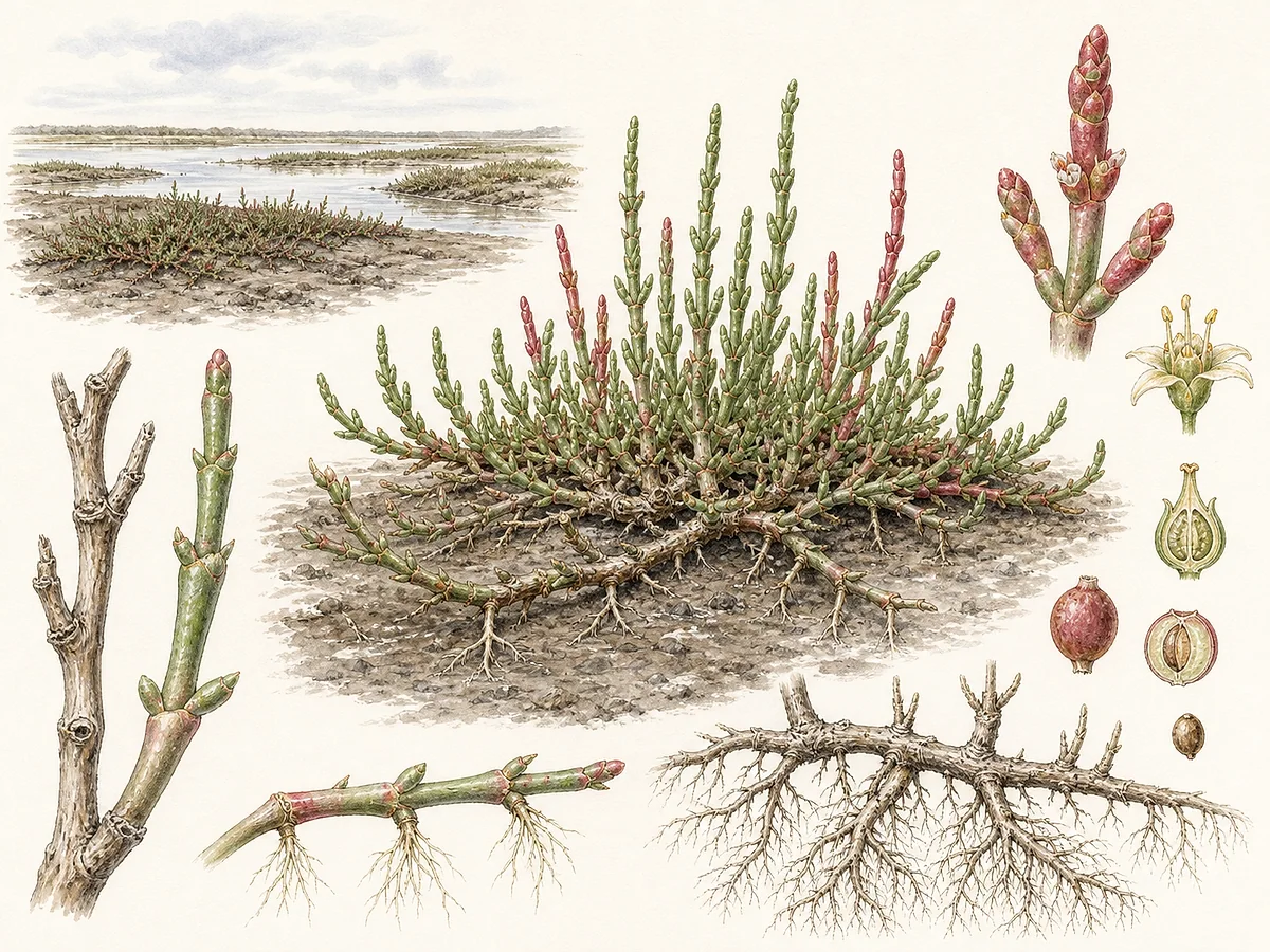 Prancha botânica de Sarcocornia perennis com tapete perene lenhoso e rasteiro, ramos articulados carnudos verdes e vermelhos, flores e sementes discretas