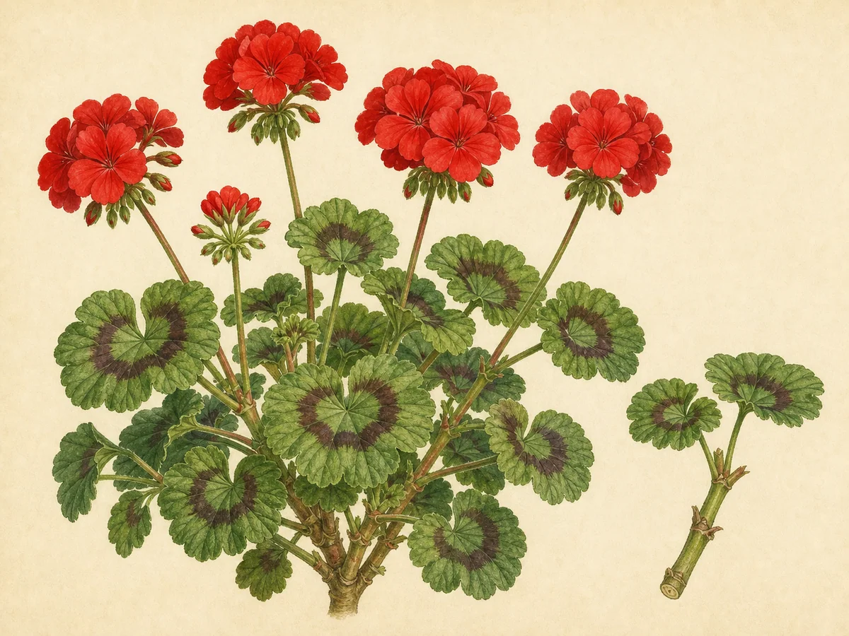 Ilustração botânica de uma sardinheira com folhas arredondadas zonadas e umbelas de flores vermelhas