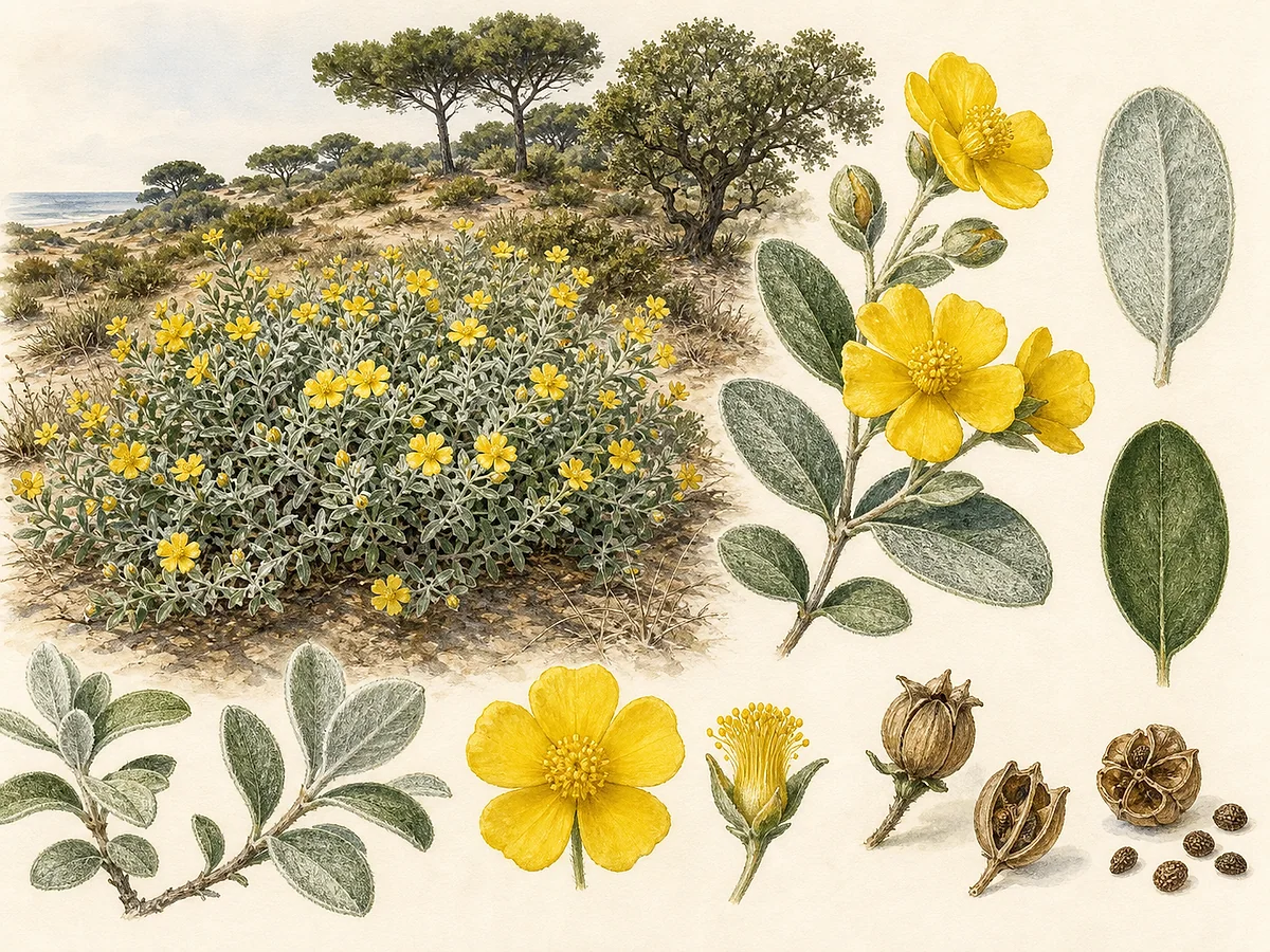 Prancha botânica de Halimium halimifolium subsp. multiflorum com arbusto prateado de duna, folhas ovais tomentosas, muitas flores amarelas de cinco pétalas e cápsulas