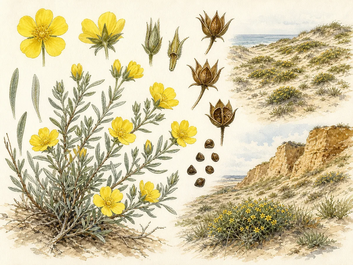 Prancha botânica de Halimium calycinum com pequeno arbusto dunar, folhas estreitas verde-cinzentas, flores amarelas de cinco pétalas, sépalas e cápsulas