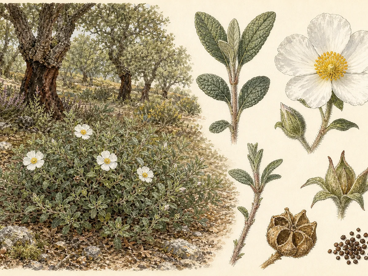 Prancha botânica de Cistus salviifolius com arbusto baixo, folhas opostas enrugadas semelhantes às de salva, flores brancas de cinco pétalas com centro amarelo, sépalas e cápsulas