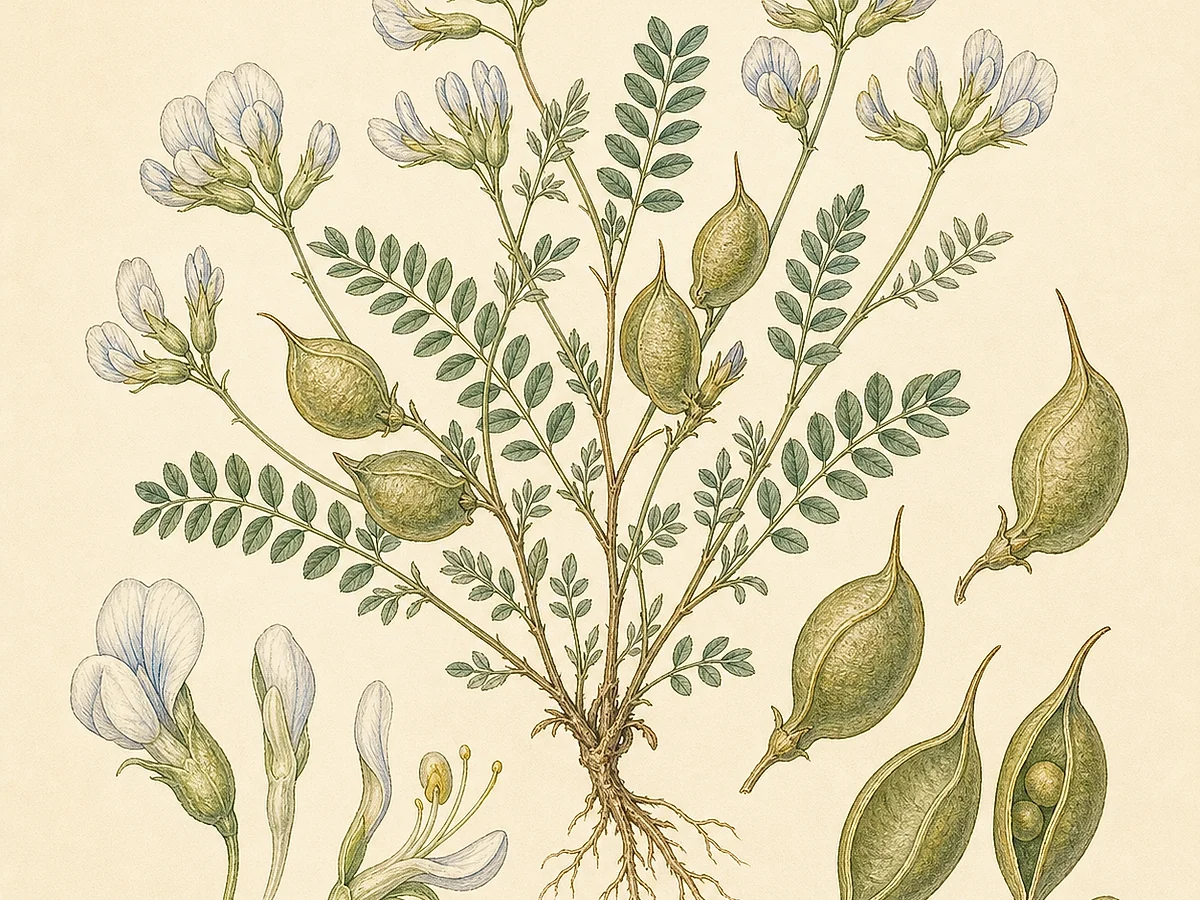 Prancha botânica de Astragalus cymbaecarpos com anual baixa, folhas pinadas, pequenas flores branco-azuladas e vagens largas em forma de pequeno barco