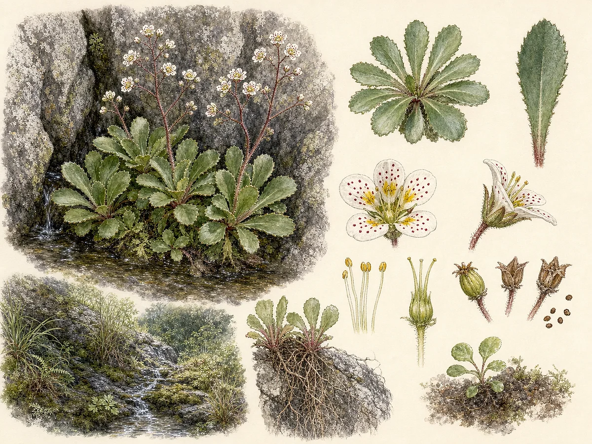 Prancha botânica de Saxifraga spathularis com rosetas de folhas espatuladas serradas e panículas abertas de pequenas flores brancas pintalgadas