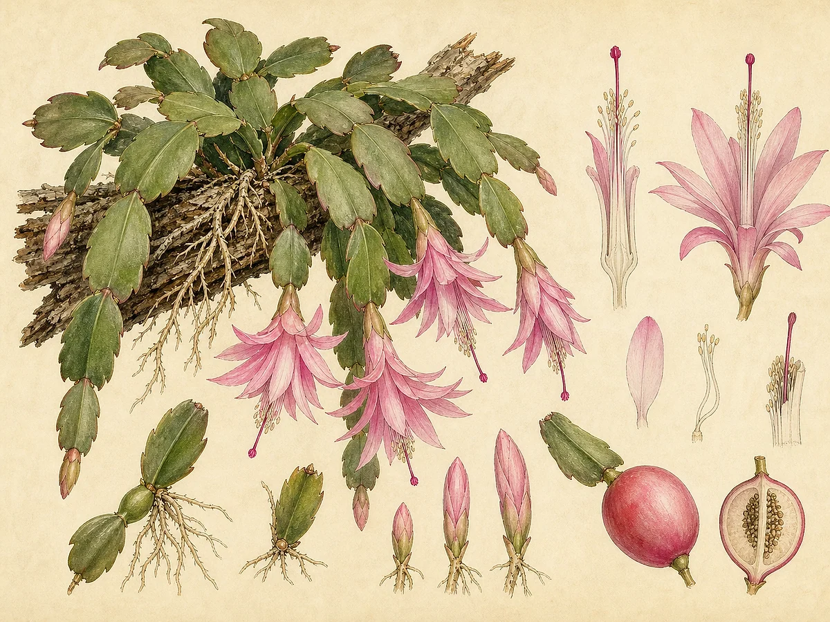 Prancha botânica de Schlumbergera russelliana com segmentos arredondados, flores pendentes rosadas, fruto e raízes epífitas