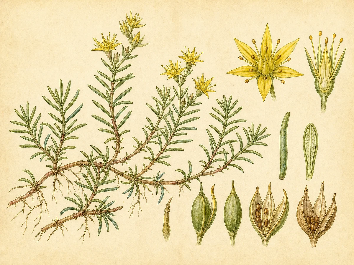 Prancha botânica de Sedum lineare com caules rasteiros, folhas lineares em verticilos, flores amarelas estreladas e folículos
