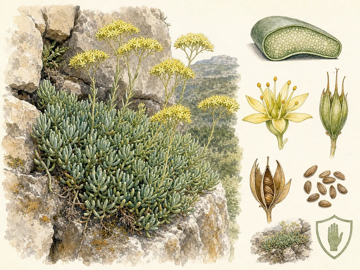 Prancha botânica de Sedum sediforme com tufos de folhas suculentas cilíndricas azul-esverdeadas, hastes altas e panículas de flores amarelo-pálidas