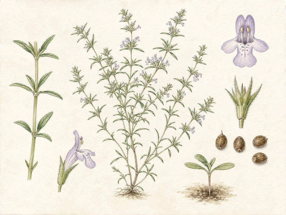 Prancha botânica de Satureja hortensis com anual ramificada, folhas estreitas opostas, pequenas flores lilases bilabiadas, cálices e quatro núculas