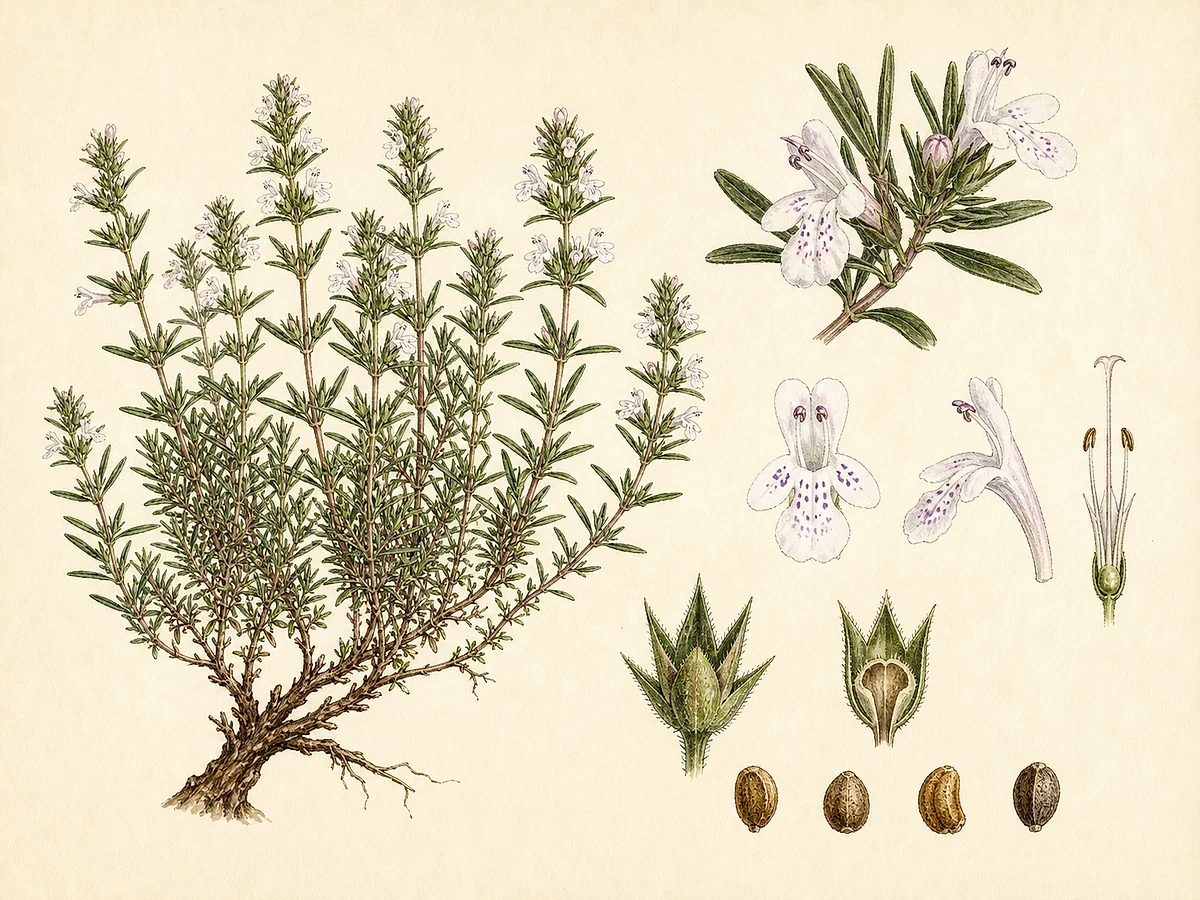 Prancha botânica de Satureja montana com subarbusto lenhoso baixo, folhas opostas lanceoladas, verticilos de flores brancas pontuadas de violeta e quatro núculas