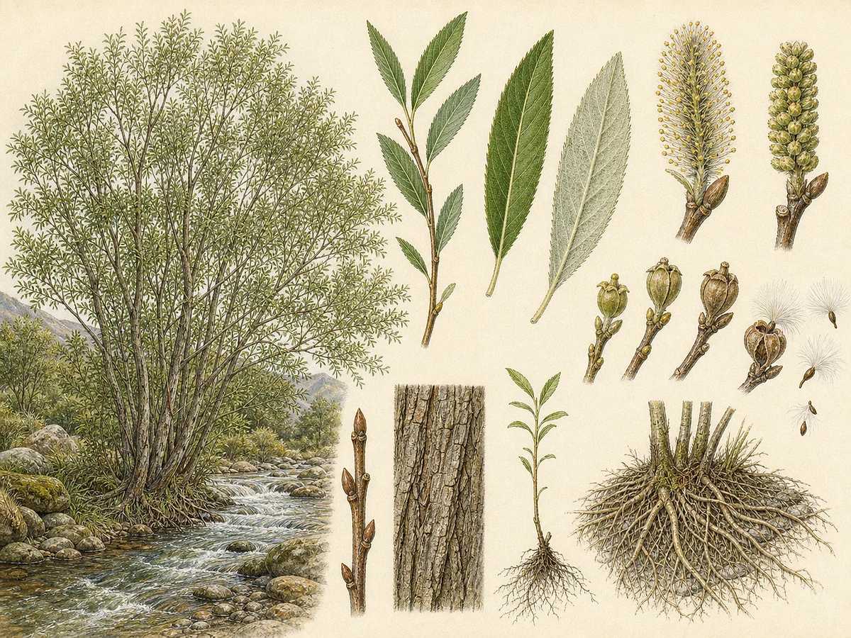 Prancha botânica de Salix canariensis com árvore ribeirinha, folhas serradas de verso claro, amentilhos masculinos e femininos, cápsulas, sementes e raízes