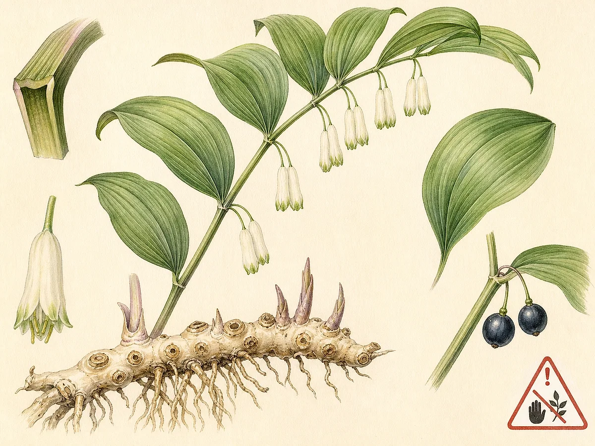 Prancha botânica de Polygonatum odoratum com rizoma marcado por cicatrizes, caule arqueado anguloso, folhas alternas, flores tubulares brancas pendentes e bagas azul-negras