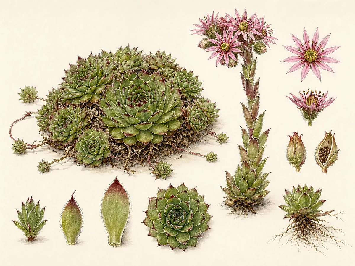 Prancha botânica de Sempervivum tectorum com tapete de rosetas, estolhos, haste floral rosa, cápsulas e raízes