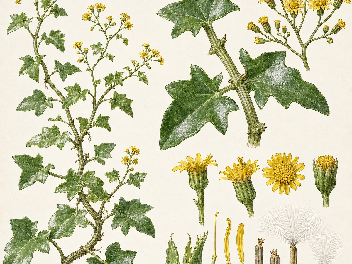 Prancha botânica de Senecio angulatus com trepadeira suculenta, folhas angulosas brilhantes, capítulos amarelos, aquénios e papilho