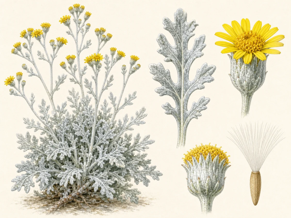 Prancha ilustrada de Senecio bicolor subsp. cinerea com subarbusto branco-tomentoso, folhas lobadas prateadas e capítulos amarelos