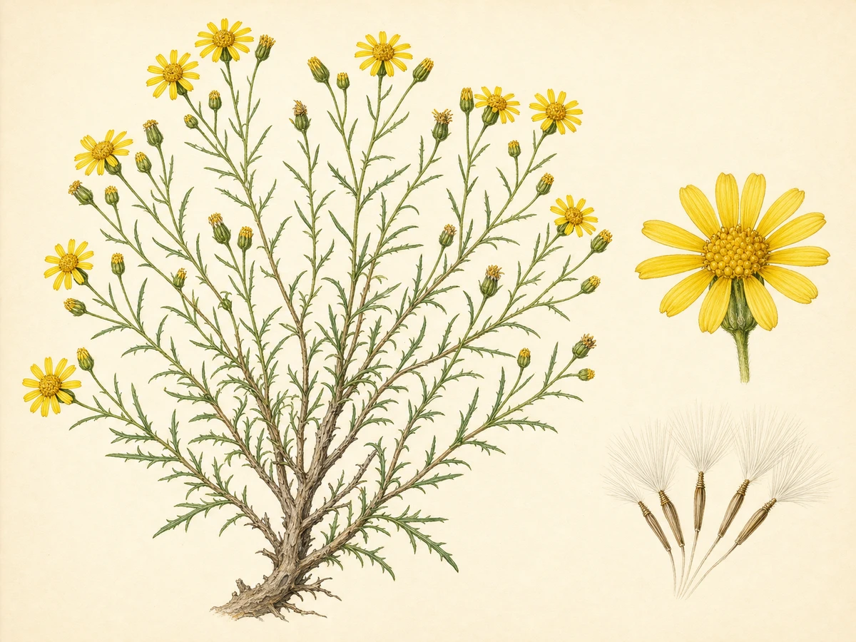 Prancha ilustrada de Senecio inaequidens com base lenhosa ramificada, folhas lineares estreitas, capítulos amarelos e frutos com papilho