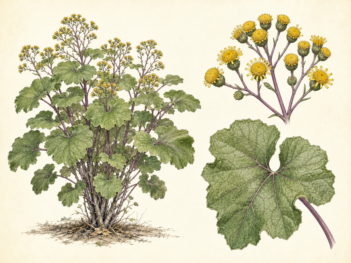 Prancha ilustrada de Senecio petasites com roseta de folhas muito grandes lobadas, pecíolos púrpura e hastes com capítulos amarelos