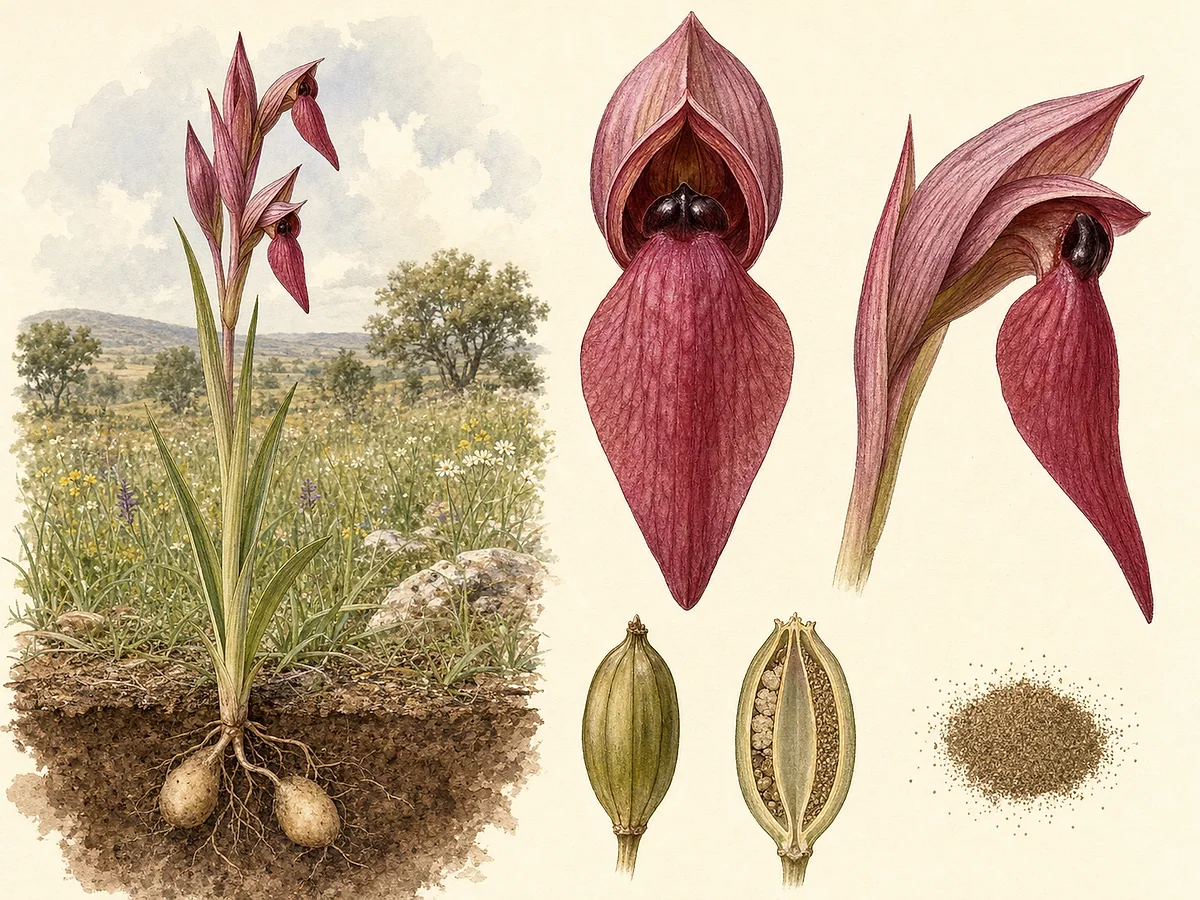 Prancha botânica de Serapias lingua com folhas lineares, haste de flores grená em forma de língua, labelo comprido com calosidade escura, cápsulas e par de tubérculos