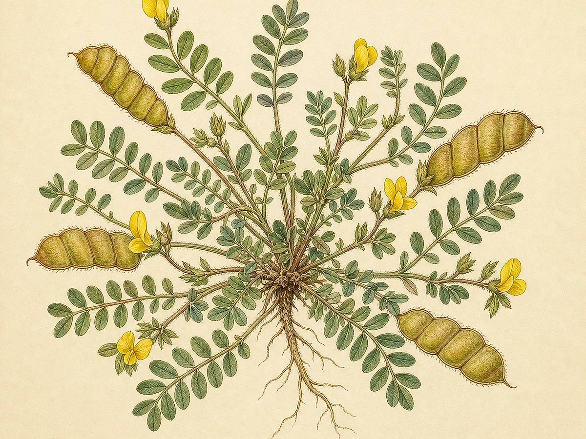 Prancha botânica de Ornithopus compressus com ramos rasteiros, folhas pinadas, pequenas flores amarelas e vagens articuladas muito achatadas