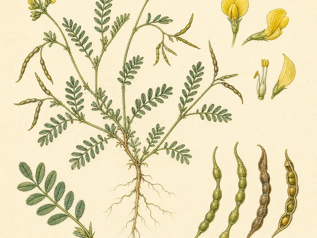 Prancha botânica de Ornithopus pinnatus com folhas pinadas delicadas, flores pequenas amarelas e vagens articuladas curvas e estreitas