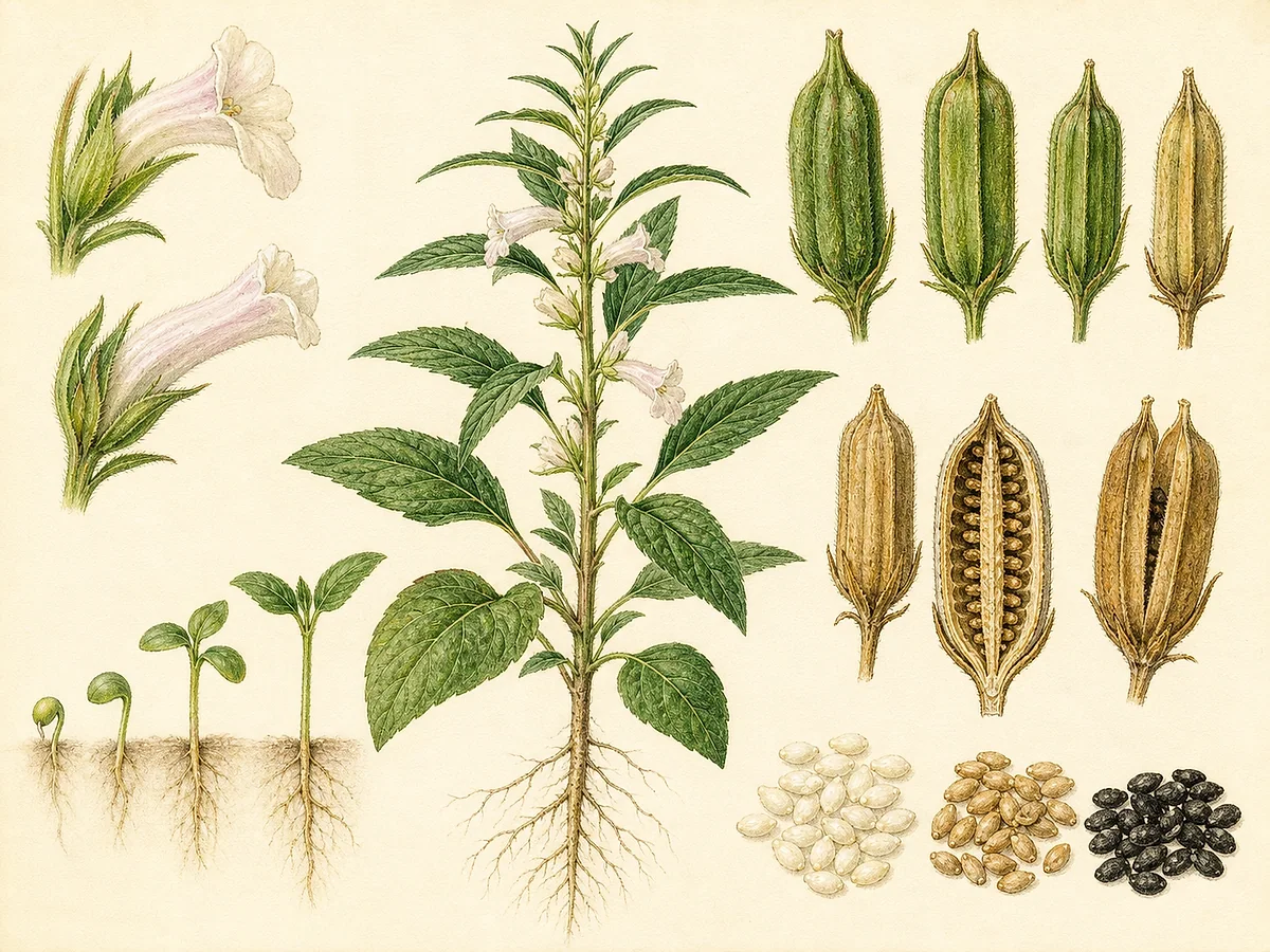 Ilustração botânica de sésamo com caule ereto, folhas variáveis, flores tubulares brancas rosadas, cápsulas e sementes brancas e negras