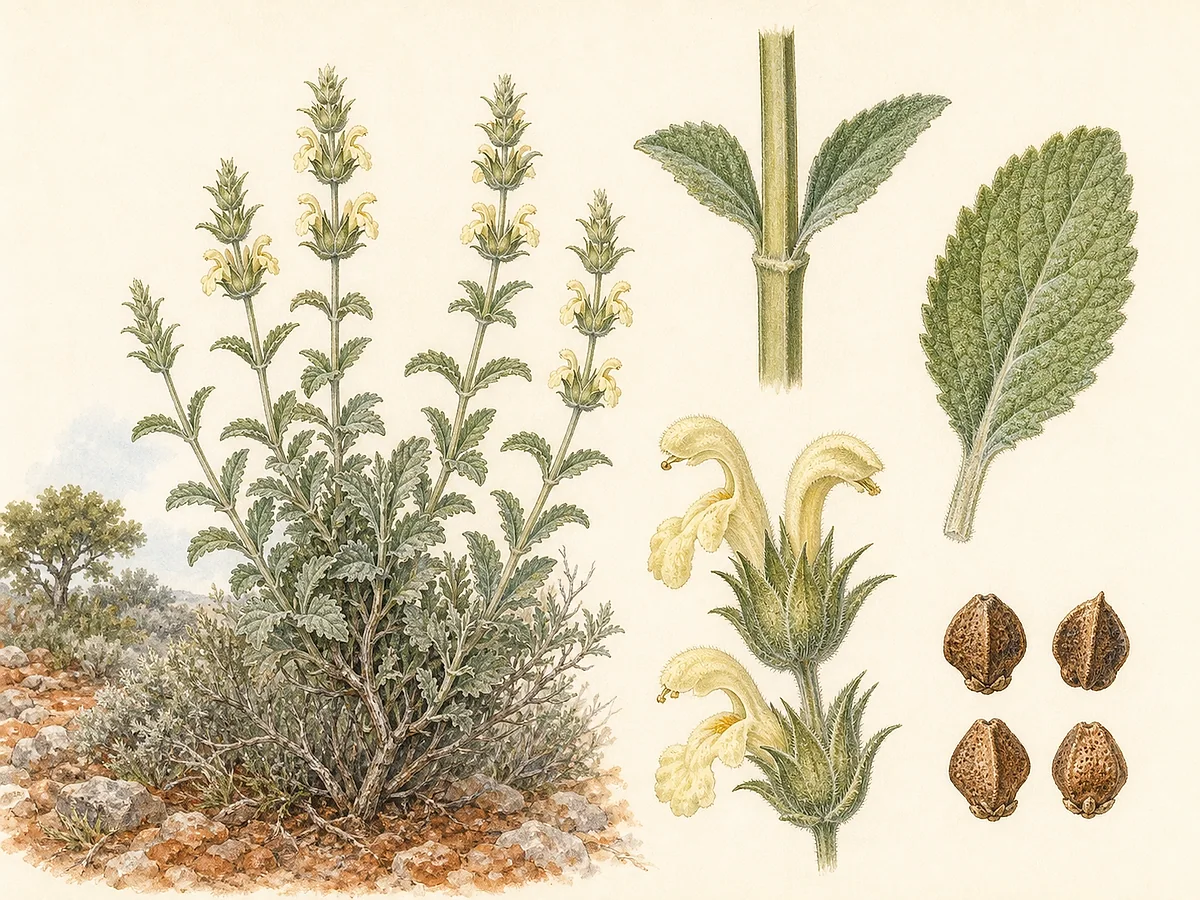Prancha botânica de Sideritis arborescens subsp. lusitanica com subarbusto cinzento, folhas serradas, verticilos de flores creme amareladas e pequenos frutos