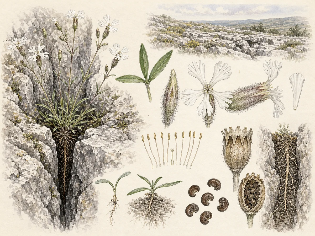 Prancha botânica de Silene longicilia com tufo em fenda calcária, folhas opostas, flores brancas de pétalas bífidas e cálice tubular piloso