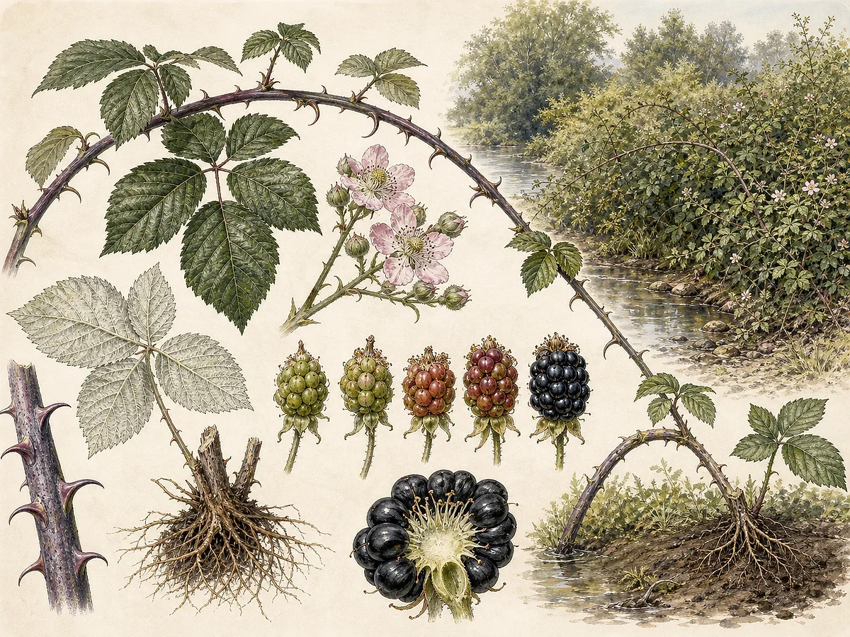 Prancha botânica de Rubus ulmifolius var. ulmifolius com canas arqueadas roxo-escuras e cerosas, acúleos curvos, folhas compostas, flores rosadas e amoras maduras