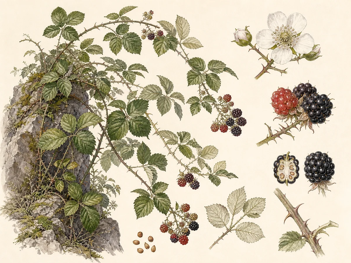 Prancha botânica documental de Rubus vahlii, trepadeira endémica da Madeira registada no arquipélago da Madeira