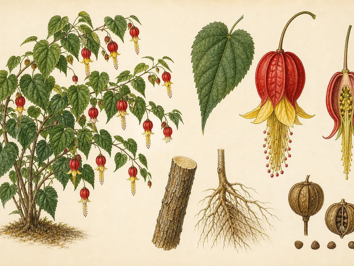 Prancha botânica de Callianthe megapotamica com arbusto arqueado, folhas cordiformes, flores pendentes de cálice vermelho e pétalas amarelas, cápsula e sementes