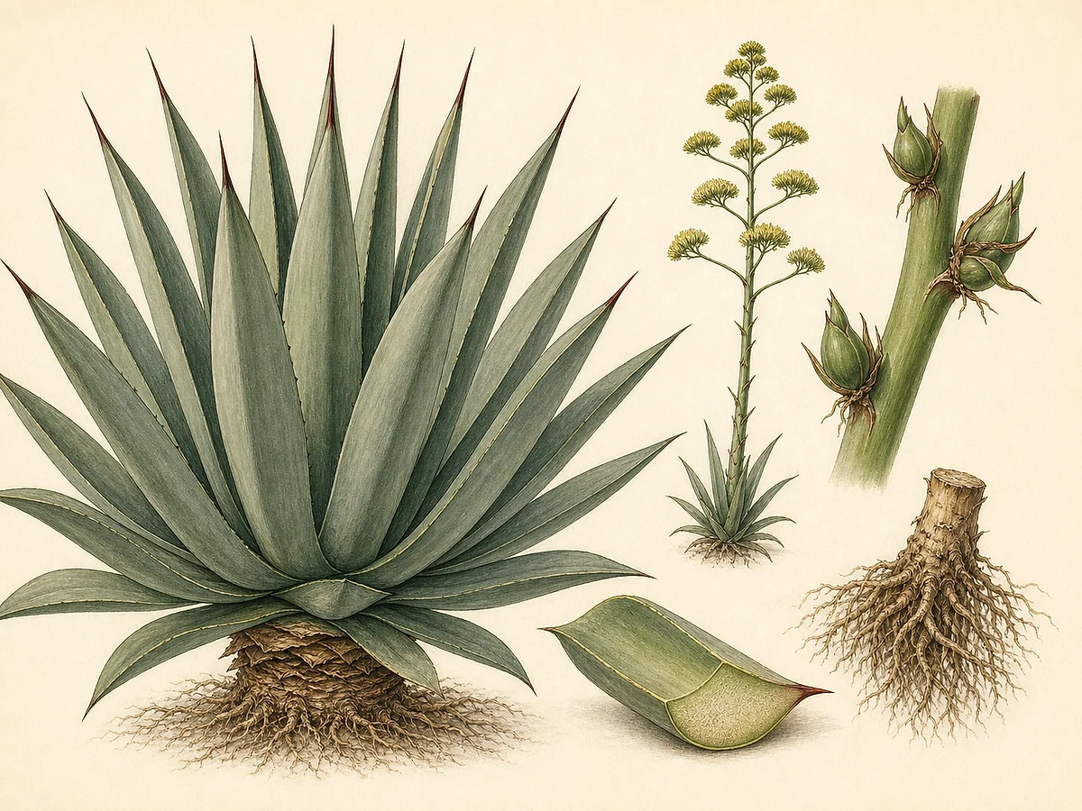 Prancha botânica de Agave sisalana com grande roseta, folhas espada cinzento-verdes, espinho terminal, haste floral, bolbilhos e raízes