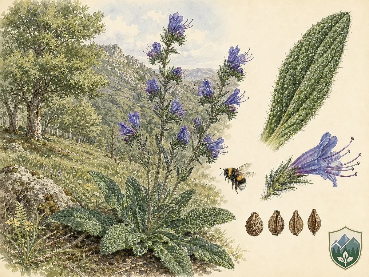 Prancha botânica de Echium lusitanicum com roseta de folhas ásperas, hastes ramificadas, flores tubulares azul-violeta de estames salientes e núculas