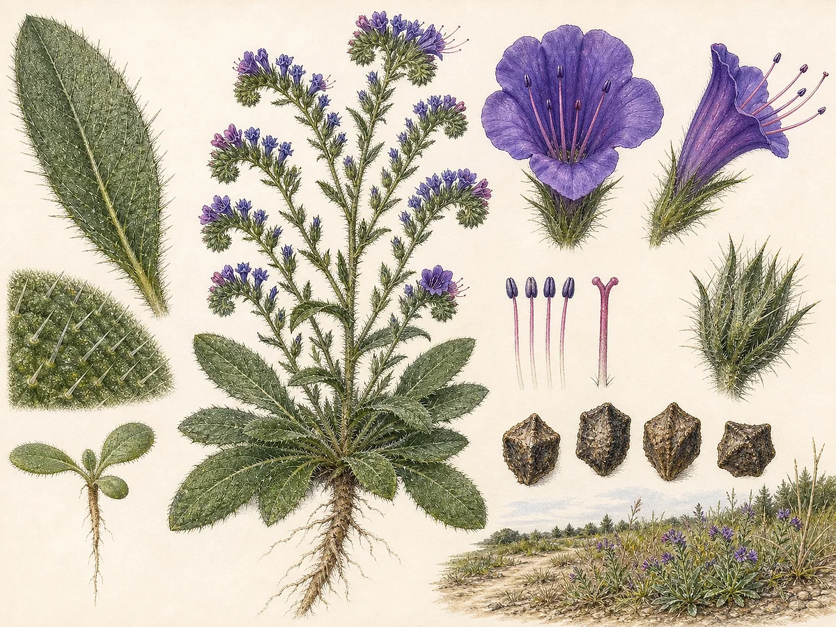 Prancha botânica de Echium plantagineum com roseta de folhas largas ásperas, flores roxas em funil e quatro núculas rugosas