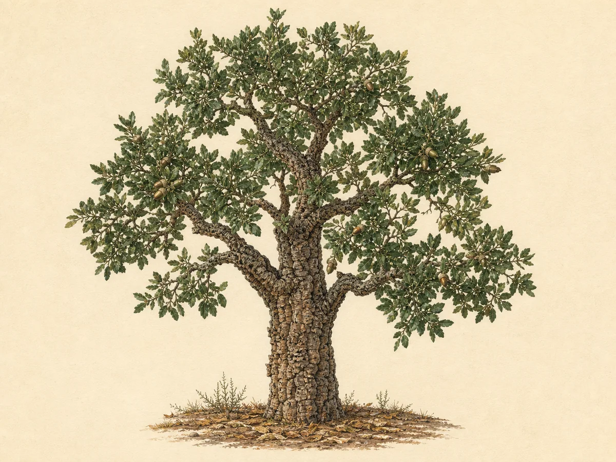 Ilustração botânica de um sobreiro com casca corticeira, folhas perenes e bolotas