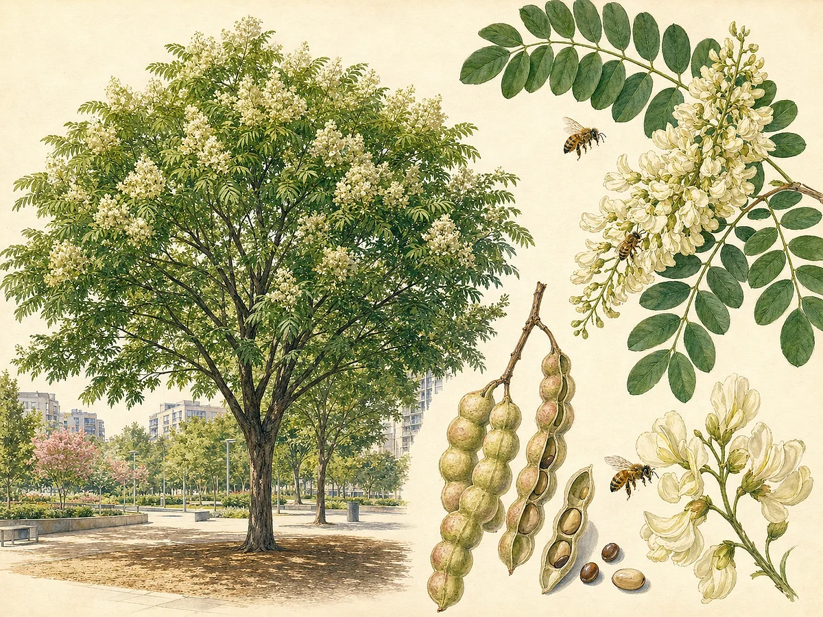 Prancha botânica de Styphnolobium japonicum com folhas pinadas, grandes panículas de flores creme, vagens carnudas profundamente constritas como colar e sementes