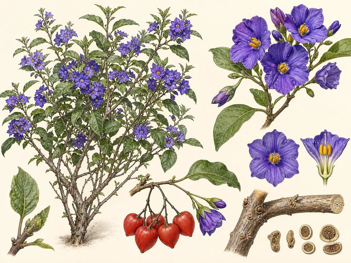 Prancha botânica de Lycianthes rantonnetii com arbusto, folhas ovadas, flores violeta de centro amarelo, bagas vermelhas e sementes