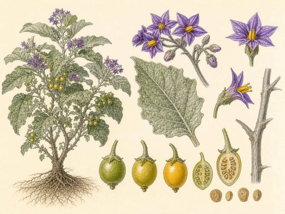 Prancha botânica de Solanum mauritianum com arbusto tomentoso, folhas grandes cinzentas, flores violetas, bagas amarelas e sementes
