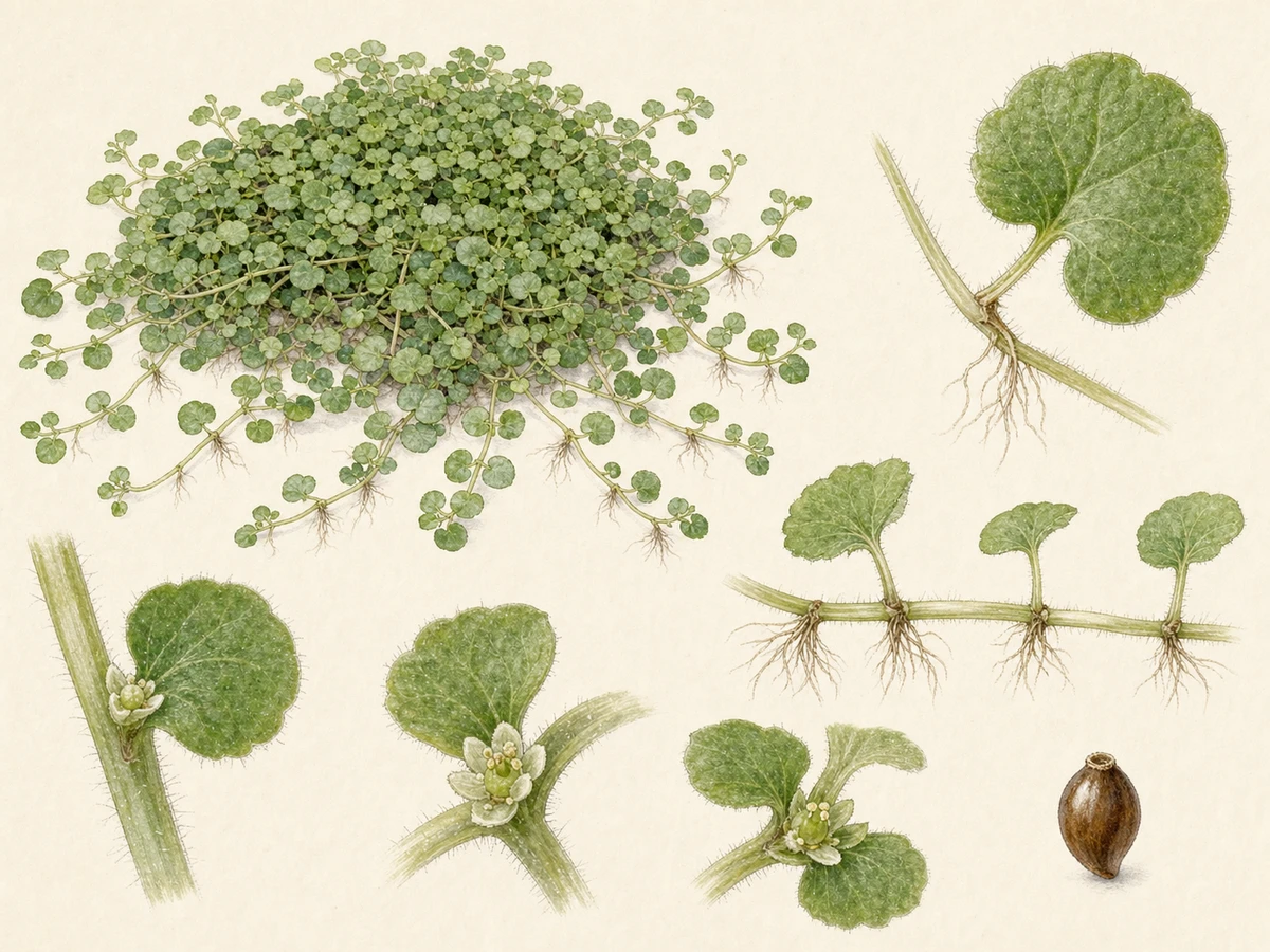 Prancha ilustrada de Soleirolia soleirolii com tapete rastejante, caules finos enraizantes nos nós, folhas reniformes minúsculas, flores unissexuais discretas e aquénio