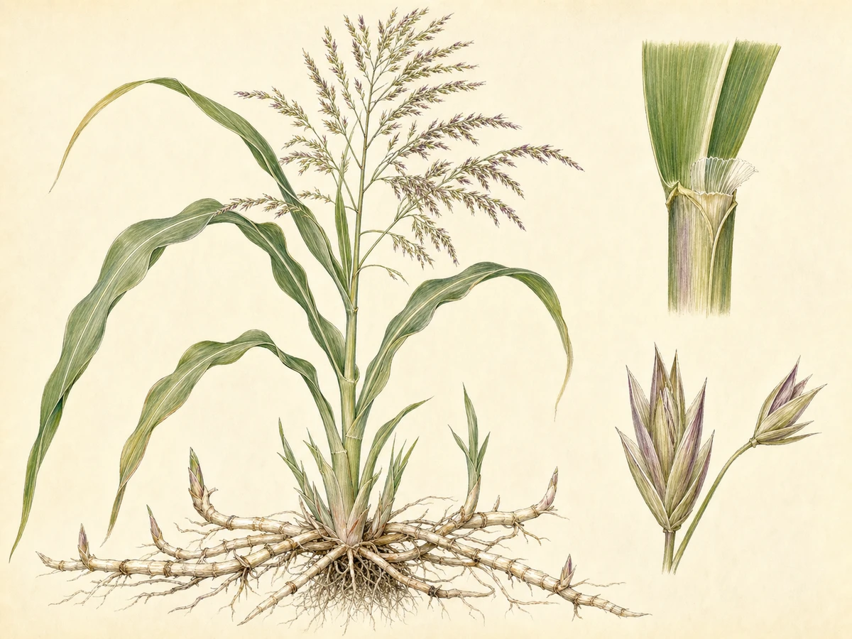 Prancha ilustrada de Sorghum halepense com colmos altos, folhas de nervura clara, panícula aberta, lígula, espiguetas e rizomas