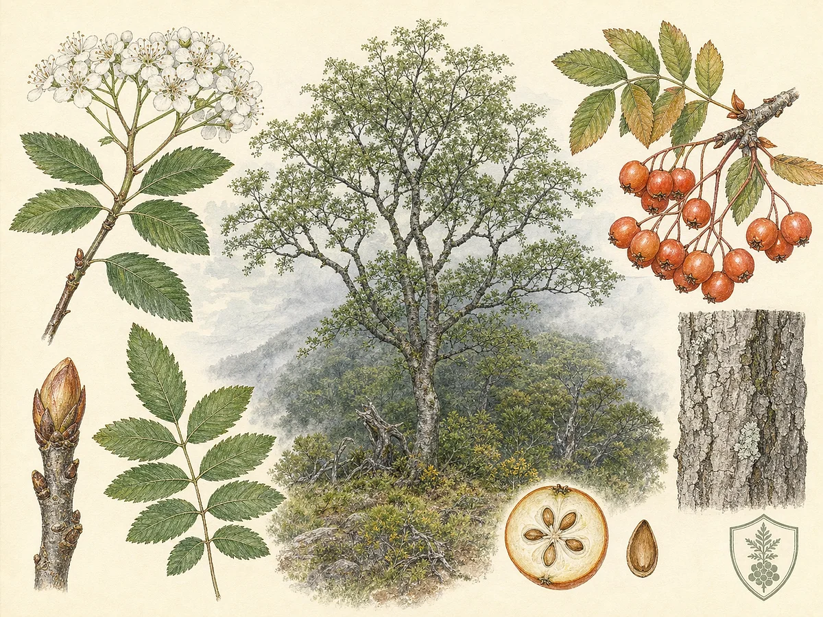 Prancha botânica de Sorbus maderensis com pequena árvore montana, folhas pinadas, corimbos brancos, frutos vermelho-alaranjados e gomos