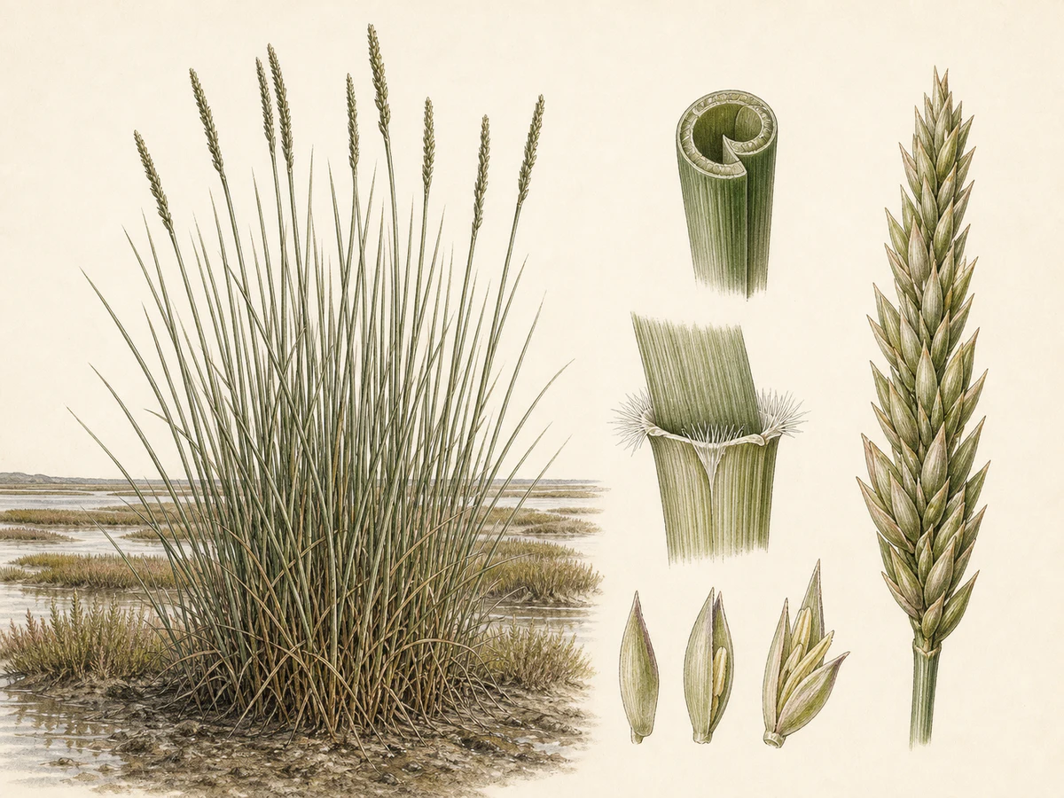 Prancha ilustrada de Spartina densiflora com touceira ereta de sapal, folhas longas estreitas acinzentadas e enroladas, colmos ocos e inflorescência densa espiciforme com detalhe das espiguetas