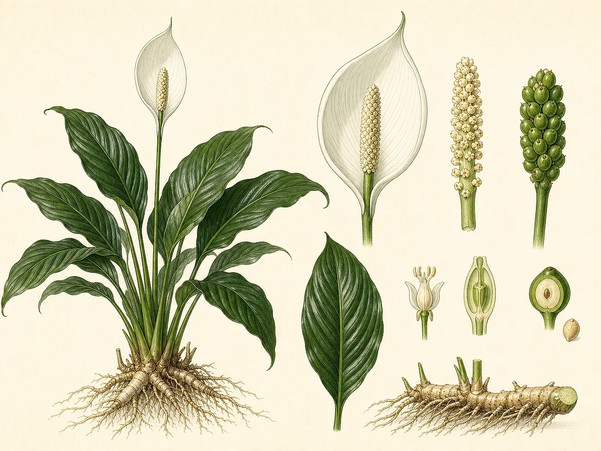 Prancha botânica de Spathiphyllum cochlearispathum com folhas grandes basais, espata branca côncava, espádice creme, frutos verdes e rizoma