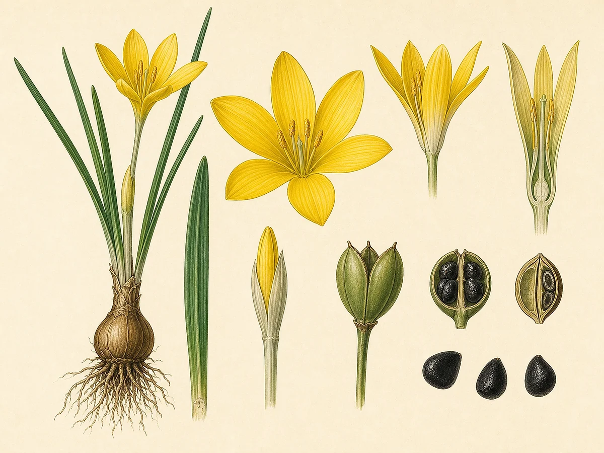 Prancha botânica de Sternbergia lutea com flor amarela outonal de seis tépalas, folhas estreitas, bolbo, cápsula e sementes