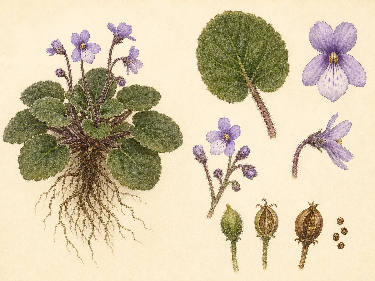 Prancha botânica de Streptocarpus goetzeanus com roseta compacta, folhas arredondadas pilosas, pequenas flores violetas, cápsula e raízes finas
