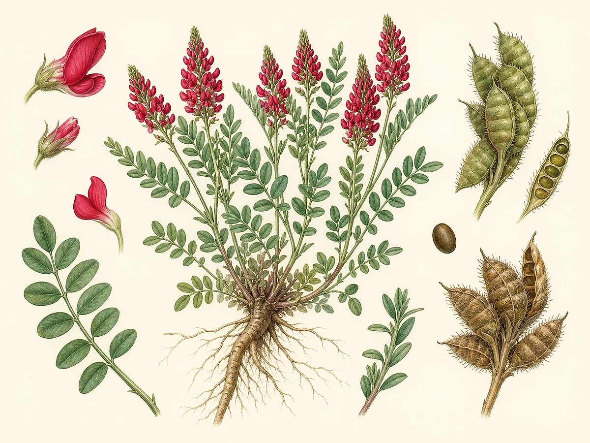 Ilustração botânica de sula com caules eretos, folhas pinadas, cachos cónicos de flores carmesim, vagens articuladas e raiz profunda nodulada