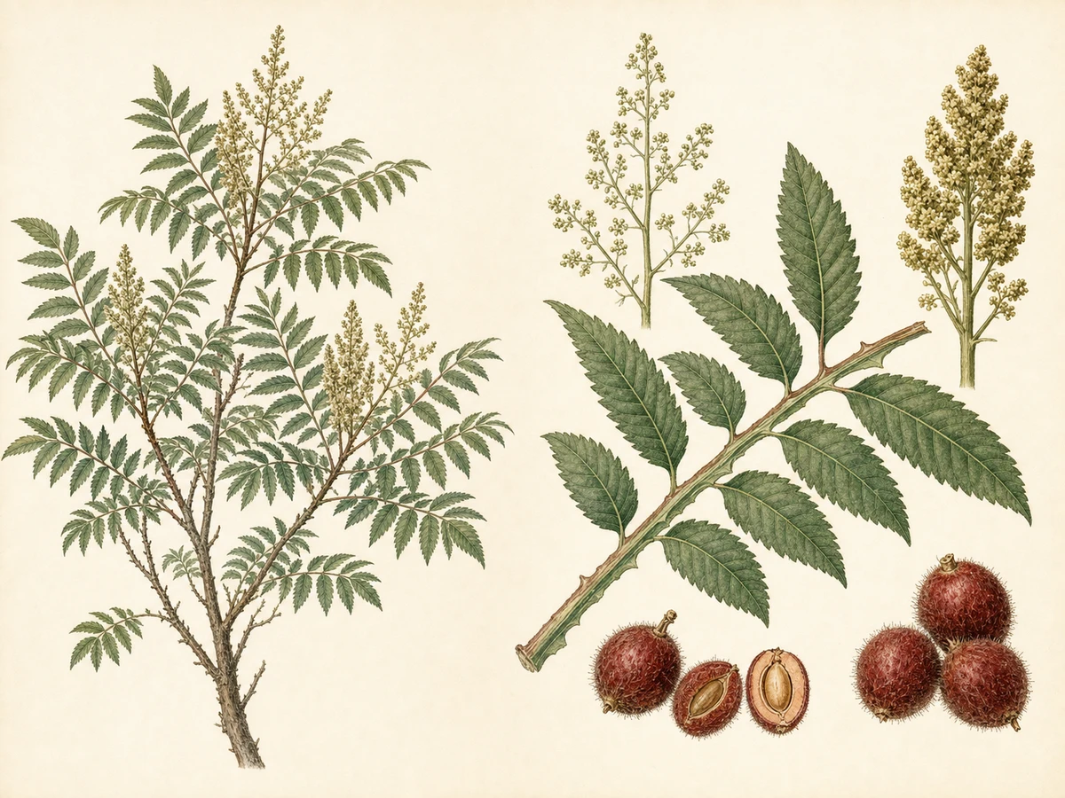 Prancha ilustrada de Rhus coriaria com arbusto, folhas imparipinadas serradas de ráquis alado, panículas terminais eretas e frutos lenticulares densamente híspidos