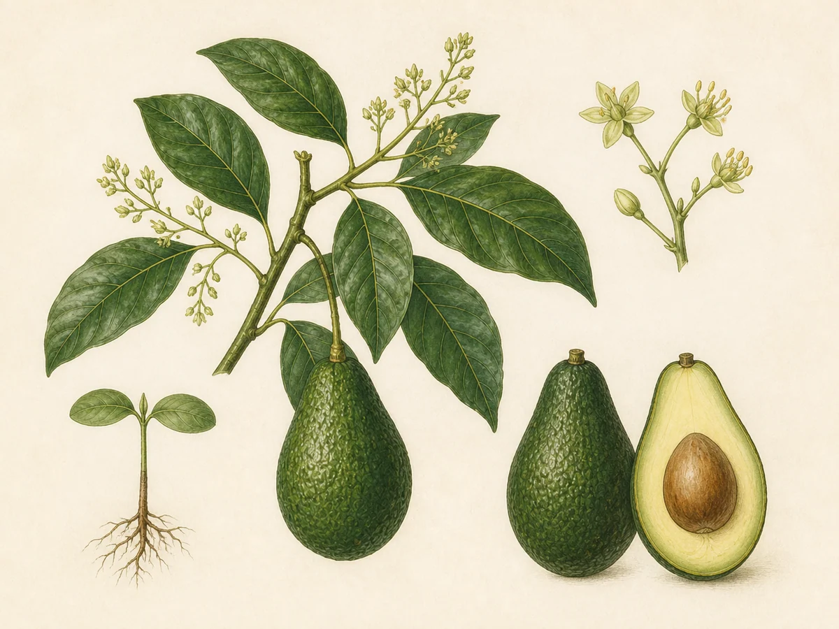 Prancha botânica complementar de Abacateiro ‘Jordana’ (Persea americana Mill. ‘Jordana’) com caracteres de identificação e ciclo de vida